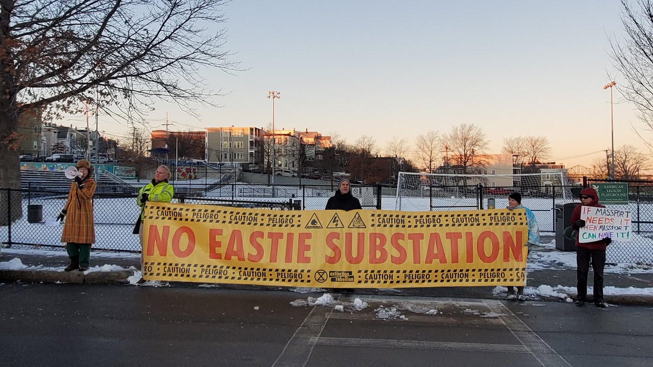 Protestors at the East Boston substation construction site